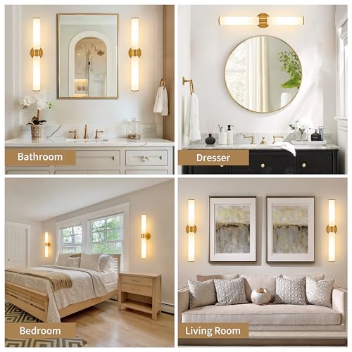 Morauroral Gold Battery Operated Wall Sconces Set of 2, Rechargeable Wall Lights with Remote Control, 20 Inch Modern Wireless Wall Lamp for Bedroom, Living Room (Bulbs Included) - color: Gold（White Glass）