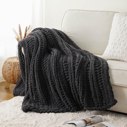 Battilo Chunky Knit Throw Blanket for Couch, 50"x60", Charcoal | Hand Knit, Dark Grey Throw Blanket, Cozy Warm Thick Soft Chenille Throw Blanket for Bed, Sofa, Living Room - color: Charcoal