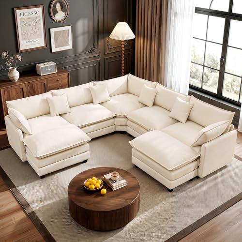110" Modular Sectional Cloud Sofa Couch V Shape with 2 Ottoman, Beige | 3 Layer Cushion, 6 Washable Pillows, 29" Deep Seat, Chenille Fabric, for Living Room Apartment - color: Beige, size: 110"V-2