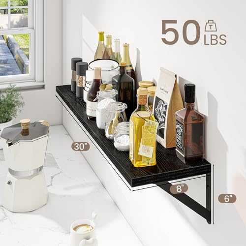 Dreamland Wall Mounted Floating Shelves Set of 2, 30x8, Black | Engineered Wood, Visible Bracket, Large Storage, Hold Up to 50lbs, Living Room, Bathroom, Bedroom, Kitchen - color: Black, size: 30"W x 8"D