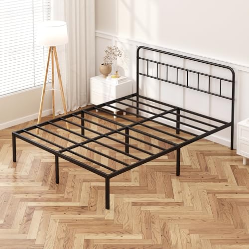 Kujielan 12 inches Queen Size Bed Frame with Minimalist Headboard, Black | Metal Platform Base with Strong Metal Slats,Mattress Foundation for Under Bed Storage,Easy Assembly - size: Queen