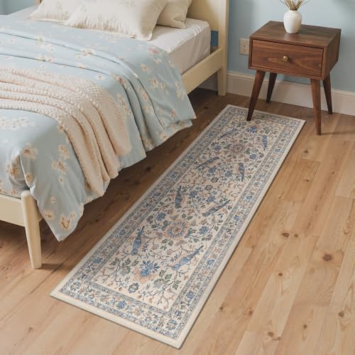 GENIMO 2'6'' X 6' Blue Ivory Runner Rug for Kitchen, Washable Non Slip | Blue Ivory Botanical Bird Runner for Kitchen and Entryway, Soft Low Pile Polyester Rug, Easy Care, Non-Shedding - color: Blue Ivory, size: 2'6" x 6' (Rectangular)