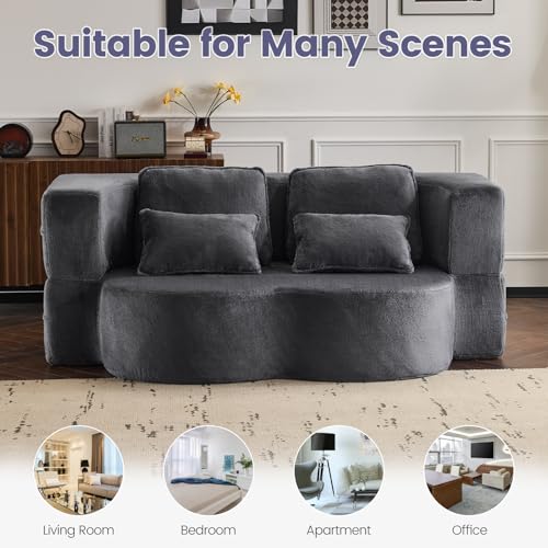 78” Convertible Sofa Bed, Full Size Sleeper Couch, Grey | Boneless Folding Loveseat, Deep Seat, Soft Chenille, 4 Pillows, No Assembly, for Guest Living Room Bedroom - color: Grey, size: 78"