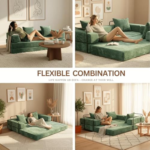 Alpen 77" Convertable Sleeper Sofa, 4-in-1 Pull Out Couch Bed with L-Shaped Armrests, Futon Sofa Bed Queen Size Sleeper Mattress Fold Out Comfy Lounge for Living Room Bedroom, Green - color: Green-chenille