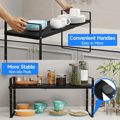 Expandable Cabinet Shelf Organizer, Stackable Kitchen Pantry Counter Storage, Adjustable Closet Cupboard Stand Rack Risers Spice Organization 80LBS Heavy Duty Black Large 2 Pack - color: Black Large