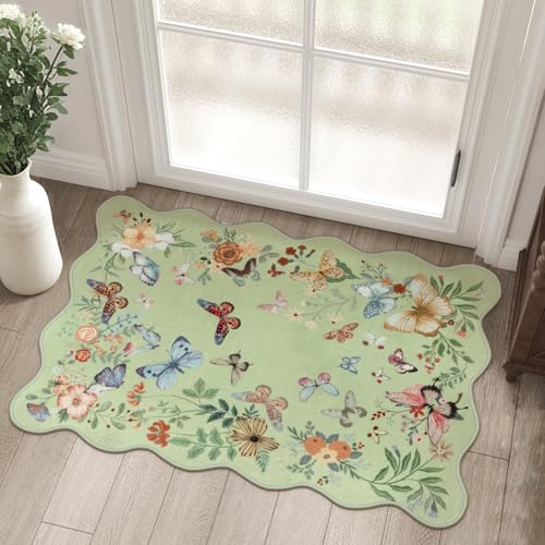 Washable Scalloped Butterfly Entryway Rug, 2x3 Green Non-Slip Boho Indoor Door Mat Ultra Thin Soft Small Kitchen Rug, Modern Botanical Floral Throw Carpet for Bathroom Entrance Bedroom - color: Green Butterfly, size: 2' x 3'
