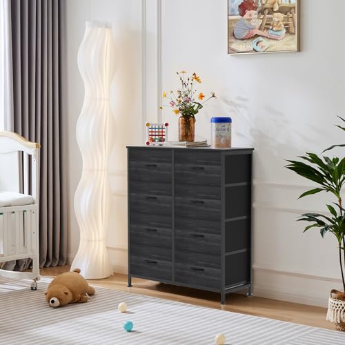 OLIXIS Dresser for Bedroom, 8 Storage Drawers, Tall Fabric Tower Organizer | Large Dresser for Closet, Chest of Drawers with Metal Frame Wooden Top for Nursery, Living Room, Black Wood Grain - color: Black Wood Grain, size: 11.8"D x 31.5"W x 36.4"H (8 Dra