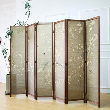 6 Panel Bamboo Room Divider for Room Separation, 5.6 ft Tall Double-Sided Folding Privacy Screen with Premium Thickened Wood Frame, White Plum and Birds (67" H x 94.5" W) - color: Plum and Birds, size: 6 Panel