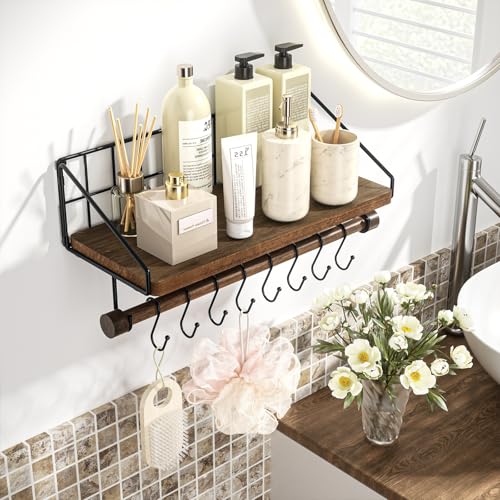 Alsonerbay Floating Shelf Coffee Bar Shelf with Towel Bar, Dark Brown | 8 removable hooks, solid wood, space-saving, holds cooking utensils & mugs, easy installation, kitchen & bathroom use - color: Dark Brown