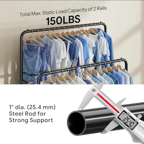 Simple Trending Clothing Clothes Rack, Double Rod Garment Rack, Black | Portable Closet with Bottom Shelf, Anti-Slip Stoppers, 360° Lockable Wheels, Multiple Uses, Bedroom, Laundry Room - color: Black