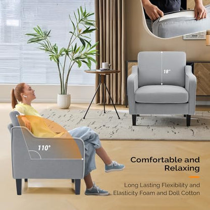 VINGLI Mid Century Modern Accent Chair, Light Grey Fabric Accent Chairs for Living Room Upholstered Armchair with Scooped Arms for Bedroom, Apartment, Studio, Office, Waiting Room - color: Light Grey