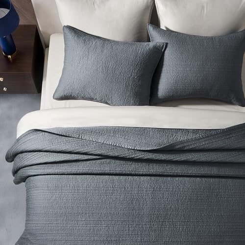EVERGRACEHOME Cotton Sateen Channel Quilt Set, King Size, Midnight Blue | 100% Cotton, Pre-Washed Soft Coverlet Bedspread, 3-Piece Refined Channel Stitch Bedding Set for All Season, 2 Pillow Shams - color: Midnight Blue - Refined Channel, size: King (110"