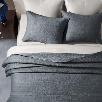 EVERGRACEHOME Cotton Sateen Channel Quilt Set, Queen Size, Midnight Blue | 100% Cotton, Pre-Washed Soft Coverlet Bedspread, 3-Piece Refined Channel Stitch Bedding Set for All Season, 2 Pillow Shams - color: Midnight Blue - Refined Channel, size: Full/Quee