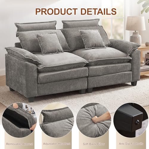 72'' Cloud Deep Seat Loveseat, Modular 2 Seater Sectional Couch with Detachable Headrest, Modern Love Seat Sofas for Living Room, Apartment, Light Grey - color: Light Grey, size: Loveseat