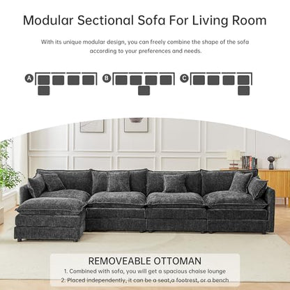 Modular Sectional Sofa, 147.2 Inch L Shaped Couch Set with Armrests, 4-Seater Comfy Cloud Couches with Movable Ottoman for Living Room Apartment, Grey - color: Grey, size: 147.2'' - L Shape