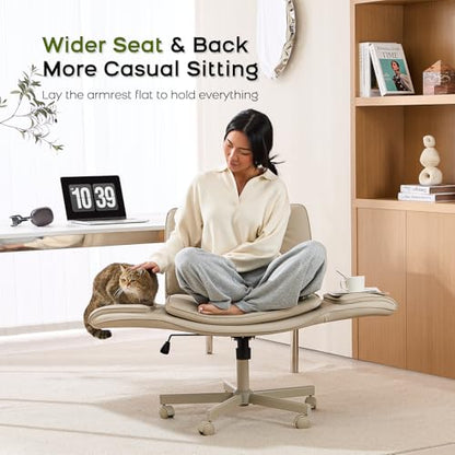 amseatec Criss Cross Office Chair, Swivel Makeup Vanity Chair with Wheels | Wide PU seat supports cross-legged, fidget-friendly sitting; 5-level armrests create pet space; wipe-clean finish eases care - color: Cream
