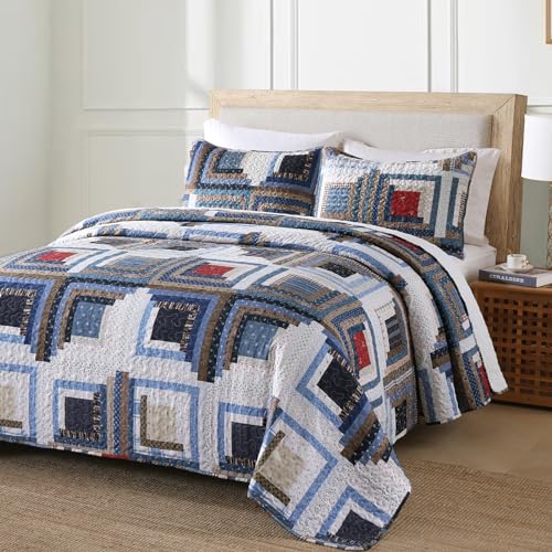 HIARUO Quilt Set Queen Size, 3 Pieces Bedspread Coverlet Plaid Patchwork Quilt Farmhouse Queen Size Comforter Set Lightweight Bedding with 2 Pillow Covers Shams for All Season Red Blue - color: Red & Blue, size: Queen (90"x90")