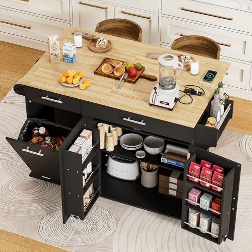HQZX Rolling Kitchen Island with Trash Can Storage, Portable Kitchen Island Cart on Wheels with Drop Leaf & Power Outlet, Towel Rack & Spice Rack, Large Mobile Island Table for Kitchen, Black