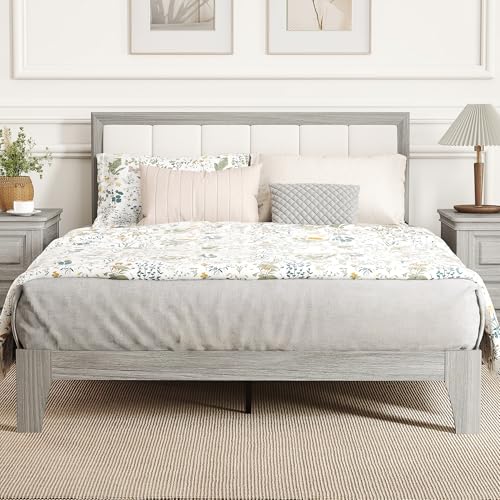 HOMCOM Full Size Bed Frame, Upholstered Headboard, Wooden Slats, Gray | Platform Bed Frame, No Box Spring Needed, Easy Assembly - size: Full
