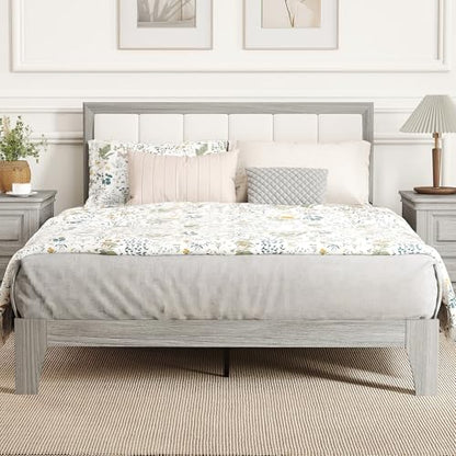 HOMCOM Full Size Bed Frame, Upholstered Headboard, Wooden Slats, Gray | Platform Bed Frame, No Box Spring Needed, Easy Assembly - size: Full