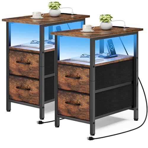 Set of 2 Nightstand with Charging Station and LED Lights, Narrow Side Table, LED Night Stand with 2 Fabric Drawers, Bedside Table Small End Table, Tall Nightstand for Bedroom, Rustic Brown - color: Rustic Brown, size: 2, style: With LEDs