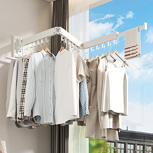 BOQORAD Wall Mounted Clothes Hanger Rack, Clothes Drying Rack,Laundry Drying Rack,Collapsible Clothes Rack Wall Mount, Retractable Drying Rack Clothing,can Fold Upward & Left & Right,White Color - color: White