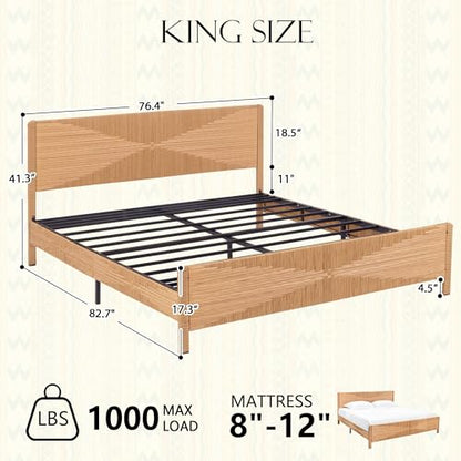 Hand-Woven PE Rattan King Bed Frame with Headboard and Footboard, Boho Mid Century Modern Bedframe with Vintage Pattern, Wicker Bed with Metal Frame and Slats, No Box Spring Needed, 1000lbs