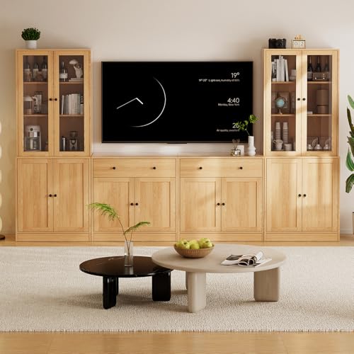TUSY 71" TV Stand Storage Set - 2 Tall Bookcases & 2 Side Cabinets, Media Console with Glass & Wood Doors, Entertainment Center with Drawers, Tall Media Console for Living Room (Wood, AEEA) - color: Wood