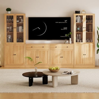 TUSY 71" TV Stand Storage Set - 2 Tall Bookcases & 2 Side Cabinets, Media Console with Glass & Wood Doors, Entertainment Center with Drawers, Tall Media Console for Living Room (Wood, AEEA) - color: Wood