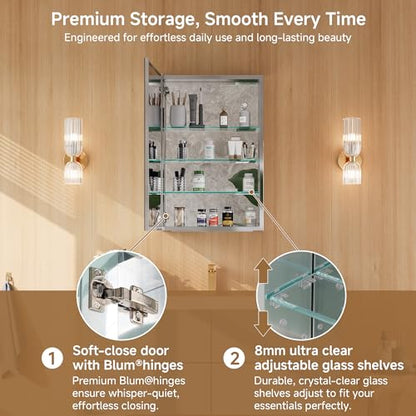 20" x 30" Bathroom Medicine Cabinet with Mirror, Recessed or Wall Mount | Medicine Cabinets with Adjustable Glass Shelves, Soft-Closed Hinge, Chrome Aluminum Frame, Reverse Installation - size: 20" x 30"