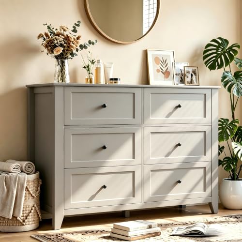 Garvee Grey 6-Drawer Dresser for Bedroom, 41.7" L Entryway Storage Drawers | Modern Lacquered Chest of Drawers, 15.8"D x 41.7"W x 31.5"H, Storage Dresser with Deep Drawers for Hallway Entryway - color: Grey, size: 15.8"D x 41.7"W x 31.5"H (6 Drawers)