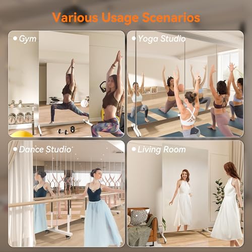 Hasipu 67" x 40" Large Full Length Rolling Mirror with Wheels, White | Tempered glass, sturdy metal frame, smooth rolling casters, removable stand, ideal for gym, bedroom, dance studio - size: 67"L x 40"W