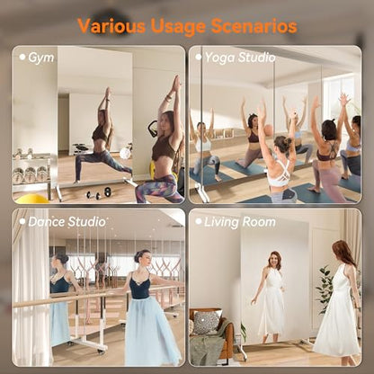 Hasipu 79" x 40" Full Length Floor Mirror on Wheels, White | Tempered glass, sturdy metal frame, smooth rolling casters, removable stand, ideal for gym, bedroom, dance studio & yoga. - size: 79"L x 40"W