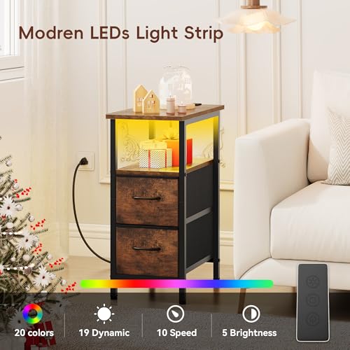 Set of 2 Nightstand with Charging Station and LED Lights, Narrow Side Table, LED Night Stand with 2 Fabric Drawers, Bedside Table Small End Table, Tall Nightstand for Bedroom, Rustic Brown - color: Rustic Brown, size: 2, style: With LEDs