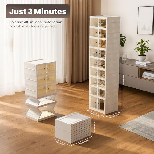 Foldable Shoe Organizer Storage Box, Portable Extra Large Folding Shoe Rack for Closet, Shoe Storage Box with Magnetic Transparent Door and Wheels, 9 Layers 18 Grids with 2 Big Grids - size: White 9 Layers-B