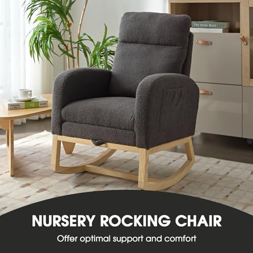 NIOIIKIT Modern Nursery Rocking Chair, Teddy Upholstered Rocking Chair with Footrest, Comfortable Rocker Chair with Side Pocket, Rocker Chair for Living Room, Bedroom, Nursing Room (Grey) - color: Grey