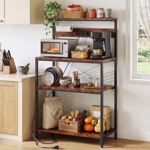 OLIXIS Standing Bakers Rack with Power Outlet, 31.5 Inch Microwave Stand | Kitchen Storage Rack, 3 Adjustable Shelves, Coffee Bar Organizer, Small Appliances, Space Saver, Brown - color: Brown, size: 31.5 Inch