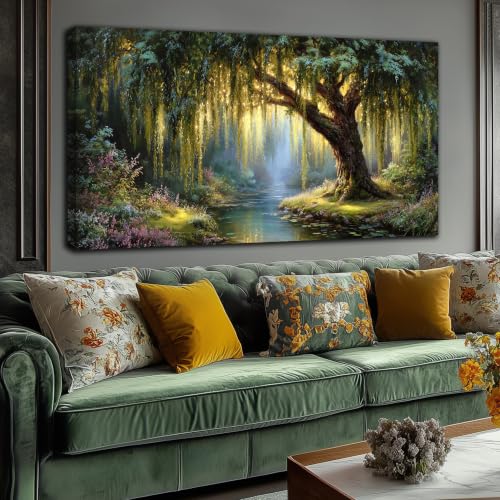 Green Willow Tree Canvas Wall Art Large Botanical Nature Wall Painting | Big Wall Pictures for Living Room, Hallway,Hotel,Dining Room,Home Office Decor Ready to Hang 58x29 Inch - color: Green, size: 58"L x 29"W