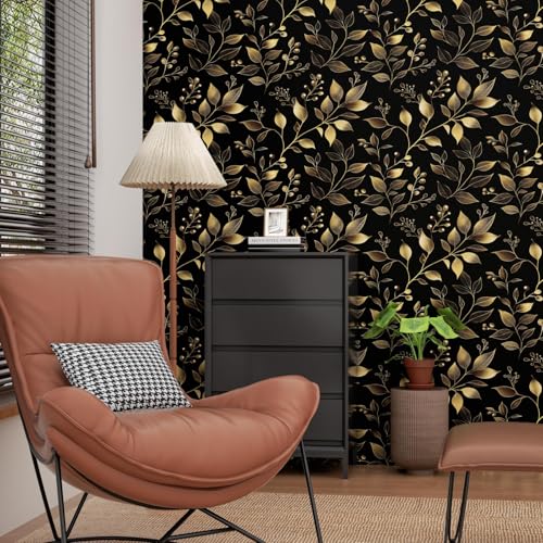 Dark Golden Leaf Peel and Stick Wallpaper 17.4" x 118" | Renter Friendly, Removable & Waterproof, Vinyl Easy Install for Bedrooms, Bathrooms, Kitchens, Cabinets and Home Decor - color: Gold, size: 17.4" x 118"