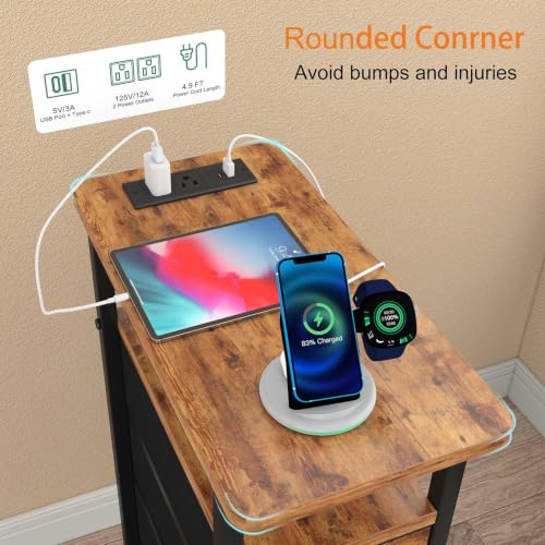 sthmec Nightstand Set 2 with Charging Station, Narrow End Table Set of 2 with 4 Drawers, LED Side Table with Fabric Drawers,Slim Sofa Couch Tables for Small Spaces,Living Room,Bedroom,Rustics Brown - color: Rustic Brown, style: Power & LED