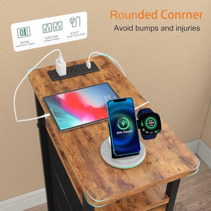 sthmec Nightstand Set 2 with Charging Station, Narrow End Table Set of 2 with 4 Drawers, LED Side Table with Fabric Drawers,Slim Sofa Couch Tables for Small Spaces,Living Room,Bedroom,Rustics Brown - color: Rustic Brown, style: Power & LED