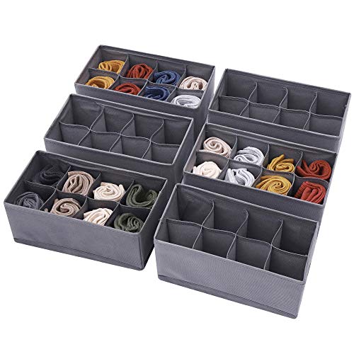 DIOMMELL 6 Pack Foldable Cloth Storage Box Closet Dresser Drawer Organizer Fabric Baskets Bins Containers Divider for Clothes Underwear Socks Lingerie Clothing, M Grey 00-0600 - color: Grey