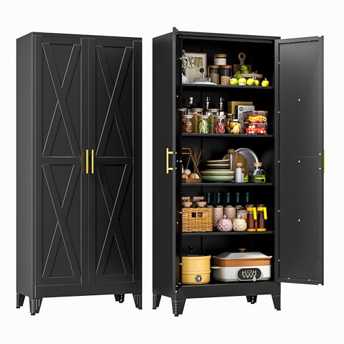 71" Metal Kitchen Pantry Storage Cabinet with 2 Doors and 4 Adjustable Shelves,Black Farmhouse Pantry Cabinet,Steel Garage Tool Cabinet Freestanding Cupboard for Kitchen,Dinning Living Room - color: 3black, size: 15"D x 29.9"W x 71"H