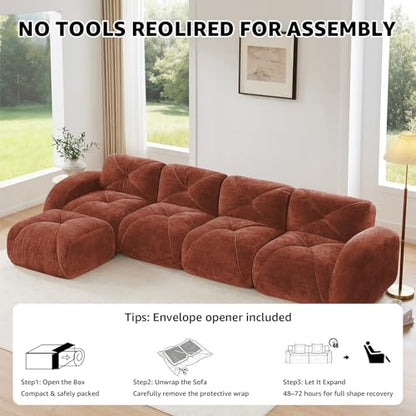 Red Loveseat Sectional Couches for Living Room, Velvet Fabric Boneless Couch, No Assembly Cloud Modular Sectional Sofa Love Seat with 2 Ottoman, Foam Couch Compressed Sofa Set, Sofas para Sala - color: Red, size: 2 Seater + 2 Ottoman