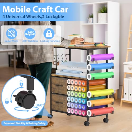 Storage Cart Compatible with Cricut Machines, 30 Vinyl Roll Holders with 2 Drawers, Mobile Rolling Craft Cabinet Table for Accessories Holder, Tool Hook for Craft Room Home, DIY