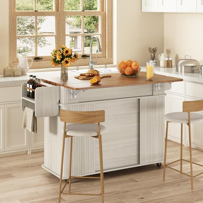 56" Kitchen Island on Wheels with Drop Leaf Countertop, Large Mobile Island Table with 2 Drawers and Spice Rack and Tower Rack, Mid-Century Modern Island Cart w/Storage for Kitchen, Off White - color: Off White
