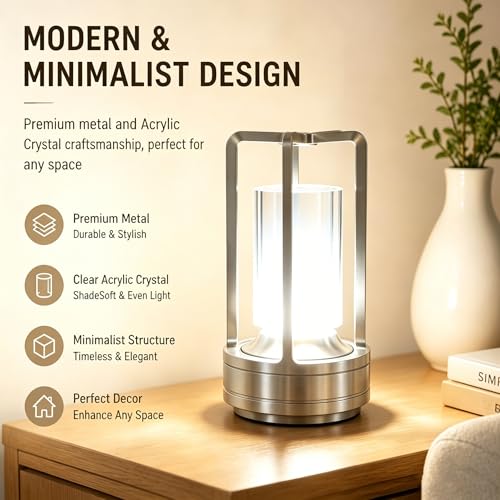 Rechargeable Crystal Table Lamp, 3-Color Touch LED, Silver | Silver metal crystal lantern, 3-color touch dimming, USB-C rechargeable, compact 7.1 in accent light for patio table - style: silvery-1