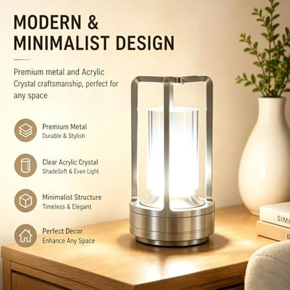 Rechargeable Crystal Table Lamp, 3-Color Touch LED, Silver | Silver metal crystal lantern, 3-color touch dimming, USB-C rechargeable, compact 7.1 in accent light for patio table - style: silvery-1