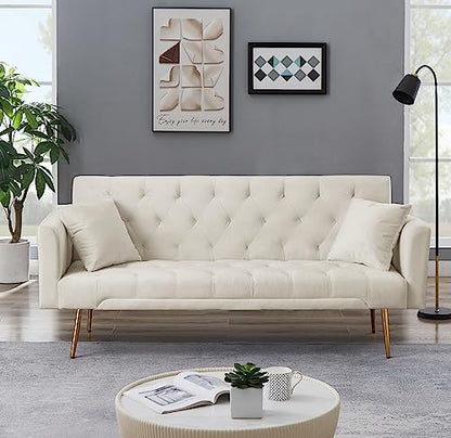 Anwick 72''Modern Velvet Sofa Bed Futon,Convertible Folding Sleeper Couches with 3 Adjustable Backrests,Tufted Recliner Loveseat with Golden Chrome Legs for Living Room Apartment Office (Beige) - color: Beige