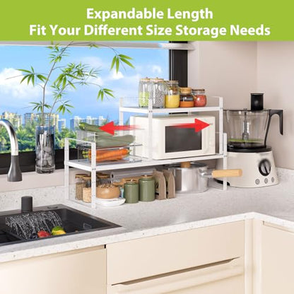 Expandable Cabinet Shelf Organizer Rack, Stackable Kitchen Counter Storage Shelves Stand, Adjustable Height Pantry Shelf Spice Rack (White-2 Pack, 8.7" D x 15.4-26.8" W x 9.8" H) - color: White-2 Pack